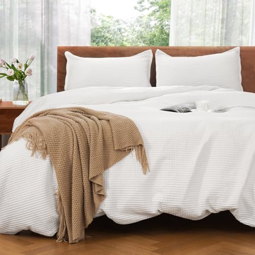 VALUXE Duvet Cover Set Queen Size 100% Cotton,White Waffle Weave Soft and Breathable 3 PCs Bedding Set (1 Duvet Cover and 2 Pillow Sham)