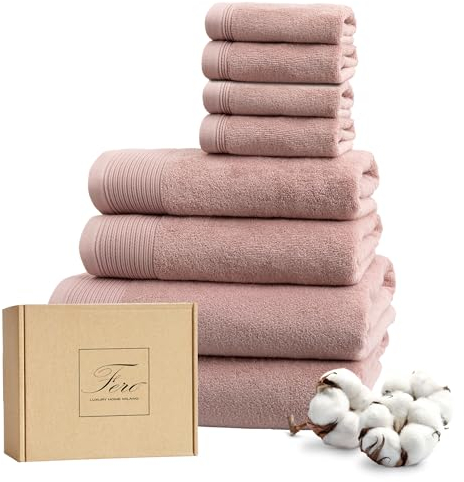 Ferò Set Asciugamani Bagno Cotone Di Lusso 8 Pezzi, OEKO-TEX, 100% Cotone Premium, 550 g/m², Ultra Morbido, Design Italiano, 2 Teli Bagno 70x140, 2 Asciugamani Viso 50x100, 4 Lavette 30x30, Rosa