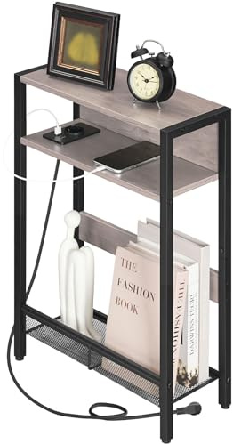 CHOEZON Beistelltisch Schmal, Sofatisch mit Ladestation, Nachttisch | mit 2 Holzwerkstoffplatten und 1 Metallregal, für kleine Räume, Wohnzimmer, Greige und Schwarz DTBZ05CBH