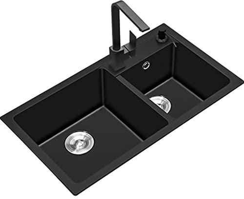 GODFSAHG Lavelli da Bar da Cucina in Pietra di Quarzo, con Rubinetto Lavello da Bar Quadrato Nero, lavello a Doppia Vasca, Installazione da Incasso o sottopiano, Facile da Pulire (Colore :