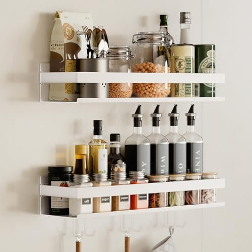 devesanter spice racks wall 2 pack with 6 hooks, hanging spice rack without drilling on cupboard door, for organizing spice jars, kitchen cupboard, pantry door, shower room (white, 40 cm)