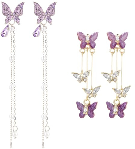 UNICRAFTALE Boucles D'Oreilles Papillon à Pampilles - 2 Styles en Cristal et Strass Pendantes Violet pour Femme