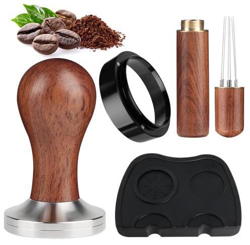 Coffee Tamper 51 mm Espresso, WDT Tool Espresso and Tamper Mat with 6 0.4 mm Thick Stainless Steel Espresso Needle, Dosing Funnel for Barista and Coffee Lovers