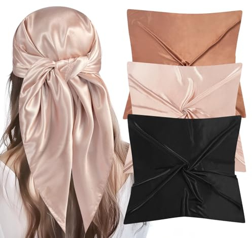 VBAEI 35” Large Square Satin Head Scarf - 3Pcs Silk Like Head Scarves Silk Bandana Satin Hair Scarf Head Wraps For Women(Brown,Camel,Black)