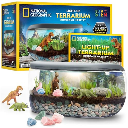 National Geographic Kit Terrarium Lumineux pour Enfants – Créez Un Habitat de Dinosaures avec Plantes Réelles et Pierres Précieuses, Jeu Scientifique