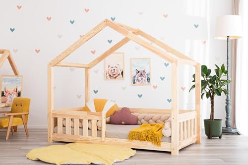 Generisch TreeTale Hausbett Bodenbett Pipit, Kinderbett, Montessori Bett Naturholzbett mit Rausfallschutz und Lattenrost ohne Matratze (120x200)