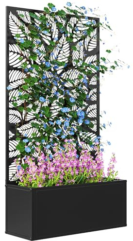 Outsunny Metal Garden Bed with Trellis, Wall Mounted or Freestanding Raised Planter with Privacy Panel, Leaf Cut-out Privacy Screen with Planter Box for Climbing Plants, Flowers, Vegetables