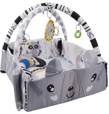 Happy Space 4-in-1 Baby Play Gym with Ball Pit, Activity Mat with Hanging Toys, 110 x 102 x 50 cm, Grey