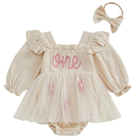 Geagodelia Infant Baby Girl 1st Birthday Romper Dress Letter Embroidery Bodysuit Jumpsuit A-Line Mesh Tulle Tutu Skirt Baptism First Birthday Princess Dress with Headband (Khaki, 12-18 Months)