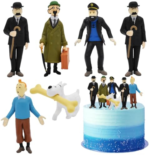 6pcs TinTin Mini Figuras Tarta Decoración, Cartoon Adornos para Tartas, Adornos de Tartas para Niños,Decoración de Pastel de Cumpleaños