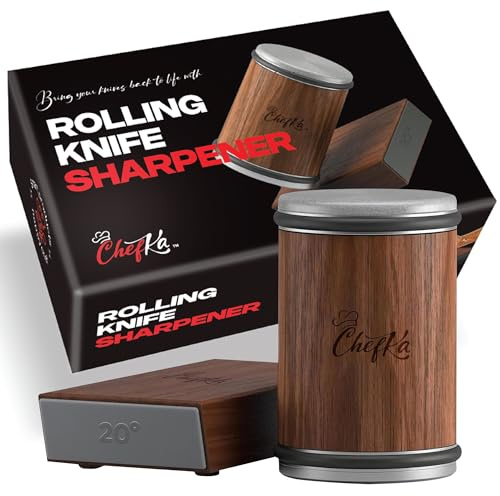 Chefka - Rolling Knife Sharpener Kit for Kitchen, Stainless Steel Helical Disc, Diamond Plated, 15 and 20 Degree Angles, Quickly and Easily Sharpen Blades