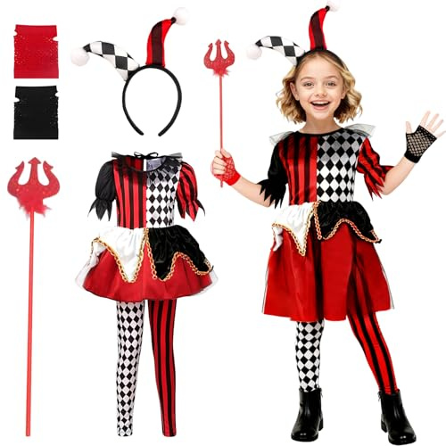 BITOYO Disfraz Halloween para Niñas, 6pcs Payaso malvado, Disfraz de Payaso para niñas, Disfraces de Halloween, Juegos de Roles, Fiesta de Cosplay de Carnaval (M)