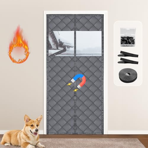 HOMGEN Magnetic Thermal Insulated Door Curtain for Winter - 87x208cm Visible No Drilling Door Covers - Thickened Cold Resistant Door Screen with Snap - Soundproofing Front Curtain for Bedroom