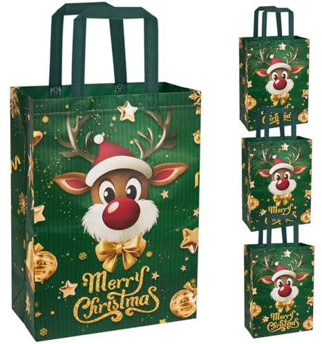 Große Weihnachts-Tragetaschen, 4 wiederverwendbare Weihnachts-Einkaufstaschen aus Vliesstoff mit Elch-Print zum Verpacken und Versenden von Geschenken