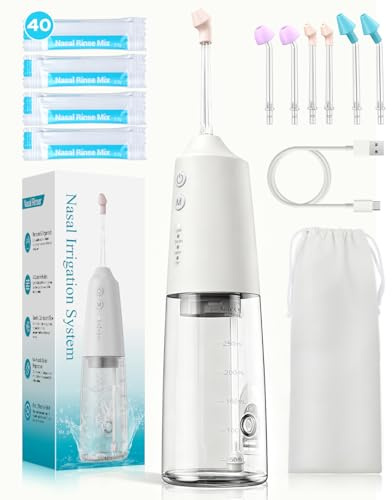 Nasal Irrigation System 300ml Tank with 6 Nozzles & 40 Salt Packets, Cordless Electric Nasal Rinse Machine for Sinus Relief & Allergies, Neti Pot with Customizable DIY Mode for Adult & Kid IPX7