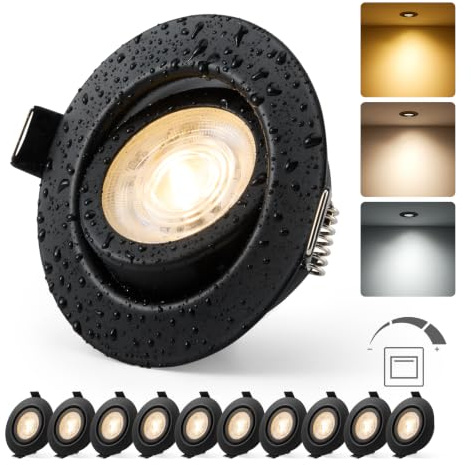HOMEOW LED Einbaustrahler 230V Metallgehäuse Dimmbar IP44 Schwarz 10er Set | LED Spots Lochmaß 68mm - 80mm Badezimmer Deckenspots Flach Schwenkbar 6W Warmweiß Neutralweiß Kaltweiß 3-Stufen-Dimmung