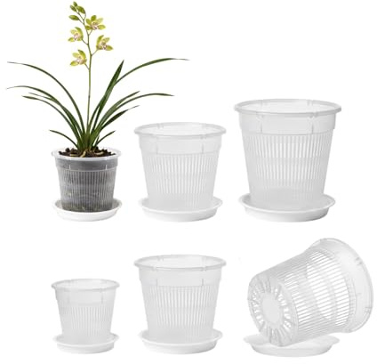 FLZOOY 6 Pcs Plastic Plant Pots, Clear Orchid Pots 11cm/14cm/16cm | Nursery Pots with Drainage Holes and Saucers 11cm/14cm/16cm for Orchids Flower Plants Gardening Seedling