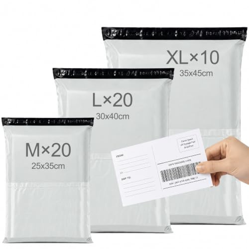 Brysalis 50 Piezas Bolsas para Envíos Autoadhesivo, Opacas Sobres para Envio de Ropa, Sobres Embalaje Libros Impermeables, Bolsas Sobre Correo Plástico para Regalos, Embalar(Blanco, M-20, L-20, XL-10)
