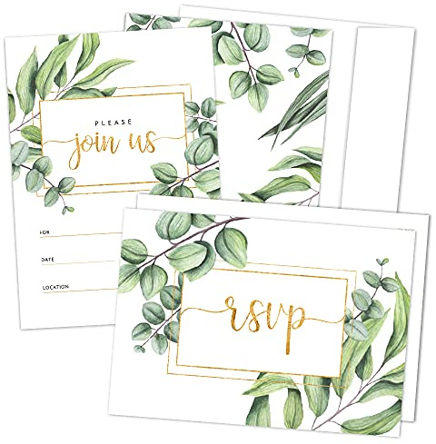 Set of 25 Fill-in Invitations with Envelopes and RSVP Cards - Greenery Gold Invites for All Occasions - Perfect for: Wedding, Bridal Shower, Engagement, Birthday Party, Baby Shower (25 Pack)