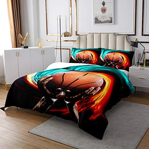 Colcha de Baloncesto con temática Deportiva para niños y niñas 3D Conde Bola de Purpurina 3D, Funda de edredón Acolchada para Atleta y Dormitorio, 3 Unidades de