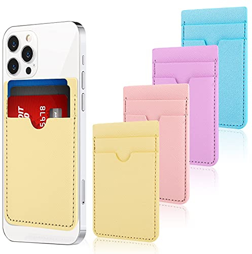 Flutesan 4 Pieces Phone Card Holder 2 Pocket Stick on Phone Cases PU Leather Card Pocket Adhesive Smartphone Sleeve ID Credit Card Wallet Pouch for Back of Most Smartphones, 4 Colors