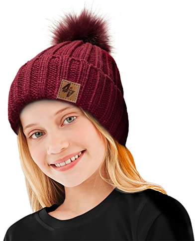 4sold Bobble Hat Plain Kids Beanie Warm Winter Pom Wooly Cap Corkscrew Cable Knitted - Maroon Maroon