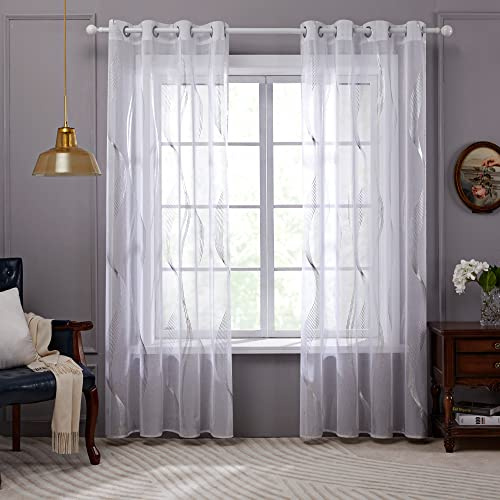 Deconovo Gardinen Weiß Vorhang Transparent Leinenoptik Ösenvorhang Voile Ösenschal Wohnzimmer, 215x140, Kurve Welle