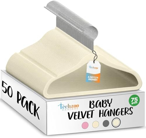 TechZoo 50 Premium Baby Velvet Hangers - 11.8 Non-Slip, Ultra-Slim Space-Saving Children Closet Hangers - 360° Swivel Hook, Strong & Durable Infant & Toddler Clothes Hangers for Wardrobe - Ivory