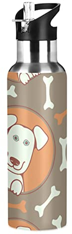 Hund Knochen Wasserflasche Trinkflasche mit Strohhalmdeckel Auslaufsicher Isolierte Edelstahl Thermosflasche für Jungen Mädchen Gym Sport 600ml
