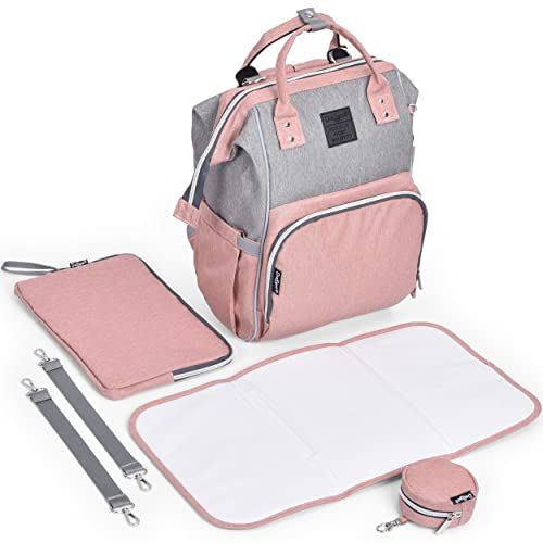 Daliya® PAKMI Wickelrucksack mit Schnullertasche & Wickelunterlage & Wickelunterlagentasche & Schlüsselanhänger - Wickeltasche Mamabag Tasche Rucksack mit viel Stauraum - Rosa Grau