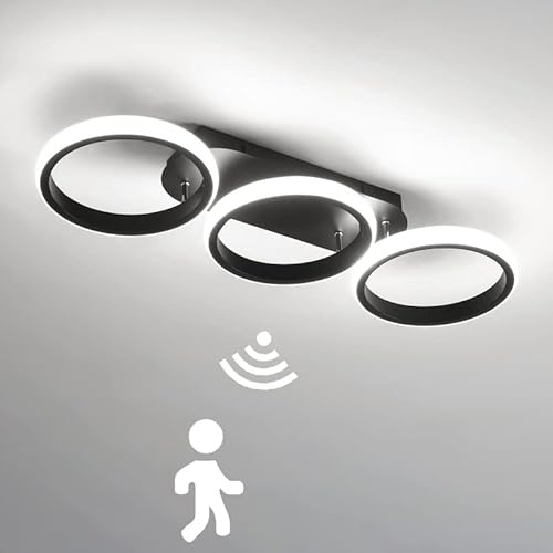 KZT LED Deckenlampe mit Bewegungsmelder 30W Innen Flur Deckenleuchte mit Sensor Moderne Ring Deckenbeleuchtung für Treppe Wohnzimmer Balkon Küche Garage Veranda BüRo Sensorlampe, Schwarz (6000K)