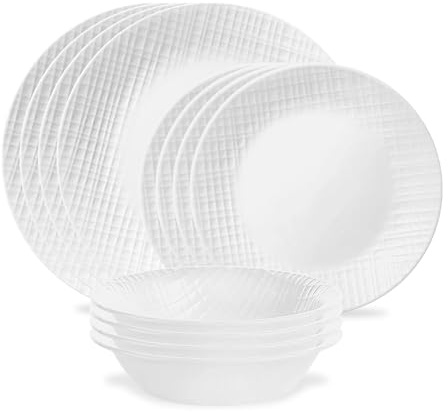 Corelle Linen Weave 12pc, Service for 4, Dinnerware Set, 8 plates 4 bowls, Chip & Break Resistant, Dinner Corelleware Plates