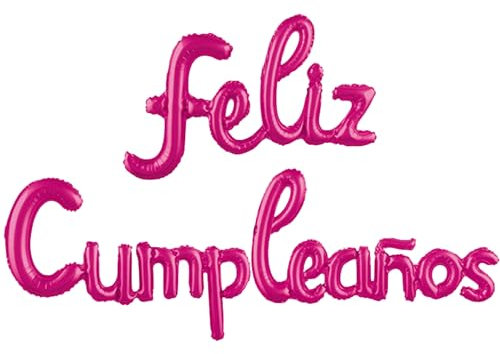 Globos FELIZ CUMPLEAÑOS en español - Guirnalda Decoracion cumple - Globo de aluminio - Super facil montaje - Incluye una cañita - Viene en 3 partes para facilitar el inflado (ROSA)
