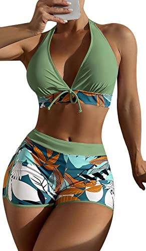 FEOYA Women's Tankini Sets Sexy Two Pieces Swimsuit Halter Neck Top with Shorts Bikini Sets Floral Print Swimwear Plus Size Push Up
