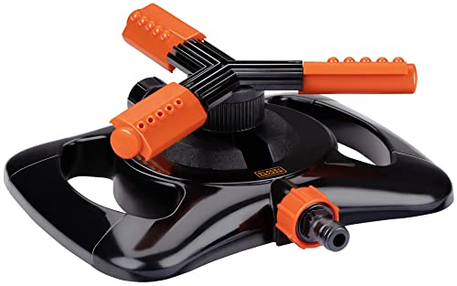 BLACK+DECKER Irrigatore per prato, 3 braccia, irrigazione a 360°, 25 x 24 x 8 cm, attacco per tubo da giardino, nero/arancione