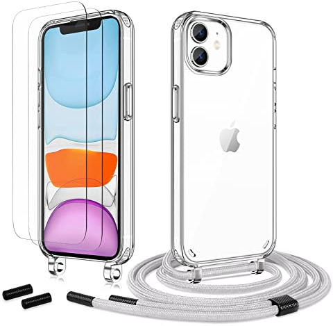 Anshow Handykette für iPhone 12 Mini Hülle mit Band + 2 Schutzfolie, Robust Necklace Extrem Stoßfest Handyhülle iPhone 12 Mini Case Transparent Schutzhülle zum Umhängeband Abnehmbar, Grau