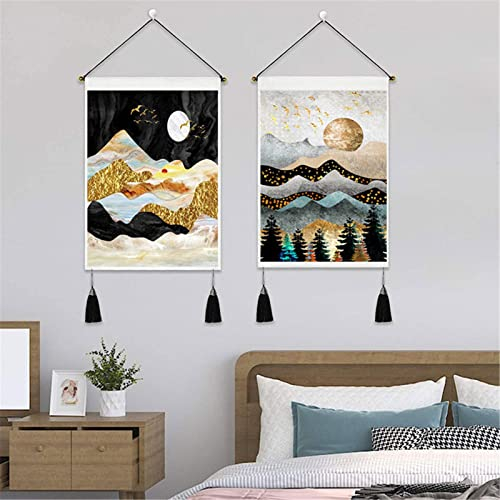 VIONNPPT 2er Set Makramee Wandbehang Mit Quaste, Berg Wald Sonne Mond Wandteppich, Nature Landschaft Wandtuch Wanddeko Geschenke für Wohnzimmer Schlafzimmer (Schwarz)