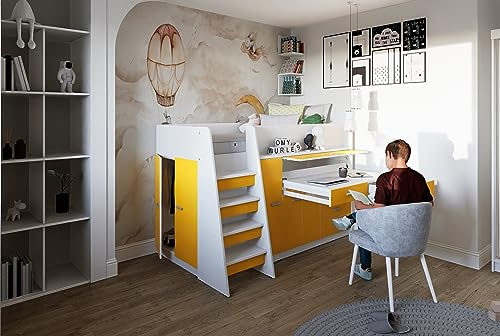 Marlux-Meble Hochbett JSM-1 80x190 TREPPE Links 129 cm Hoch mit Kleiderschrank Schreibtisch Schränke Matt Funktionsbett Etagenbett Stockbett Kinderhochbett Jugendhochbett (Gelb Matt)