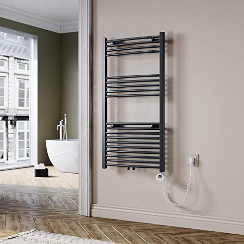 SUNXURY Scaldasalviette elettrico antracite 1150 x 600 mm curvo scaldasalviette elettrico con mini termostato selezionabile pannello portasciugamani acqua collegamento centrale 600 Watt
