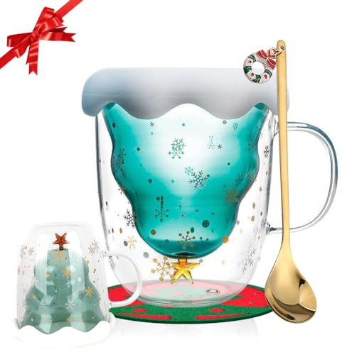 Yuragim Süße Tassen Weihnachtstasse Weihnachtsbaum Kaffeetassen Weihnachten Becher Teegläser Kaffeeglas Doppelwandige Isolierglas Espressotasse Weihnachtsgeschenke für Frauen Adventskalender Füllung