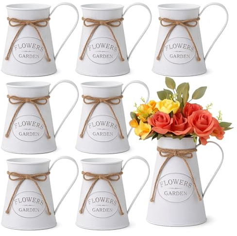 Chumia 8 Pcs Metal Pitcher Jug Vase for Flower Farmhouse Rustic Milk Can 7. 87 Inch Flower Vintage Vase Pitcher Decor Kitchen Bathroom Decor for Home (White)