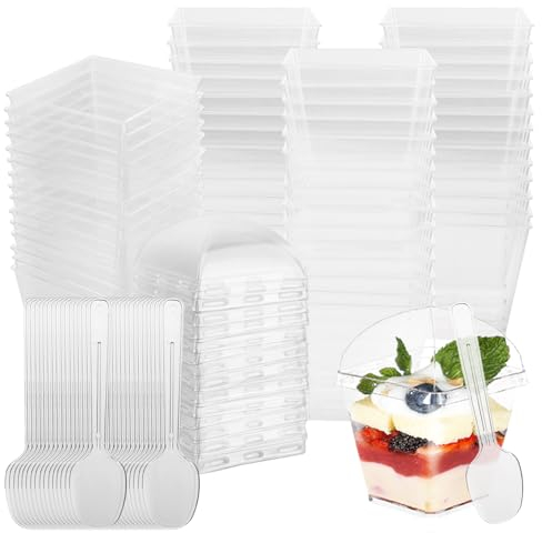 APACALI 100 Stück Dessertbecher Plastik 100ml, Dessertgläser Plastik mit Deckel, Dessertschalen Eckig mit Deckel und Löffeln, Desert Becher für DIY Desserts Pudding Mousse Eis