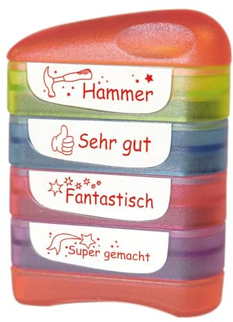 TimeTEX - Perpetuum Siebdruck-Stempel 4-in-1 Hammer | Wiederbefüllbarer Lehrerstempel für die Schule | 40x10 mm | ca. 5000 Stempelabdrücke | Stempelfarbe: rot