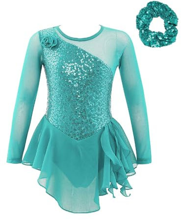 Oyolan Mädchen Eiskunstlauf Kleider Langarm Glitzer Mesh Spleiß Kürkleid Strass Tanzkleid mit Haargummi Ballettkleid Wettbewerb Kostüm Minzgrün 134-140