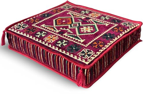 SPIRIT HOME INTERIORS Handmade Armchair Booster Cushion Cover - Moroccan Bohemian Square Pillow Cover for Meditation, Yoga, Floor Seating, Bench Cushion, Window Seat Decor (Anatolia Burgundy)