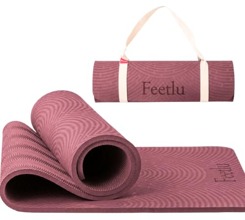 Feetlu Übungs-Yogamatte, 10 mm, extra dick, rutschfest, mit Tragegurt, für Allzweck-Frauen, Männer, Yoga, Pilates, Boden-Fitness, Heim-Fitness-Studio, Größe 183 x 61 cm