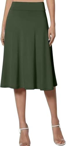 Jupe élégante taille élastique couleur unie taille haute midi pour femme Ligne A, vert, Medium
