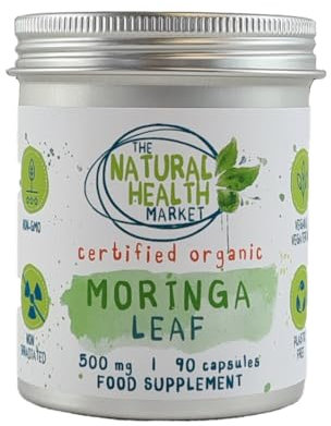 The Natural Health Market Moringa Capsules, 500mg, Organic, Vegan, Plastic-Free Packaging, UK Made to Soil Association Standards (90 Capsule TIN)