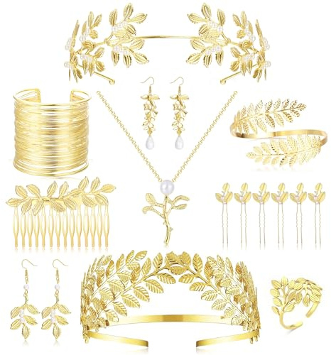 Roheafer 17Pcs diosa griega Accesorios de disfraces Set para Mujeres de oro romano Laurel Hoja Corona Brazo superior Bobina Pulsera Pendientes de perlas Hoja Collar Anillo