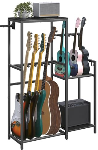 MAHANCRIS Multi-Guitar Rack, for Acoustic, Electric, Bass, Ukulele, Banjo, 5 Guitars, AMP Stand, Record Rack, Accessory Holder, EVA Cover, Home Studio, Black GSHB8501